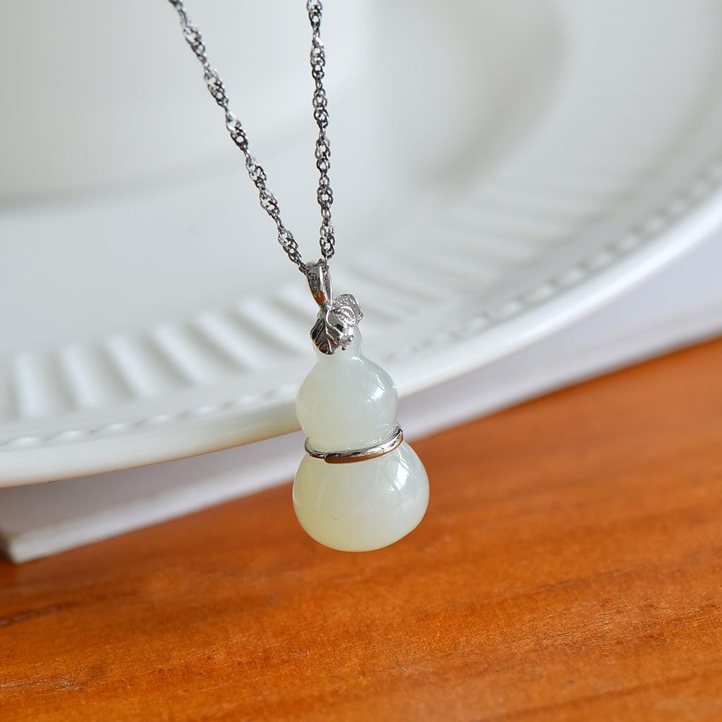 Hotan Jade S925 Silver Gourd Pendant Necklace