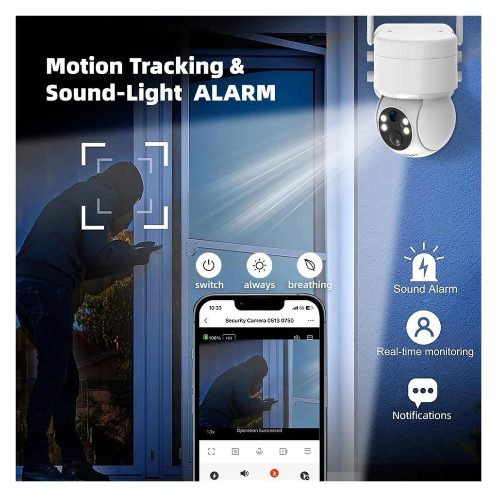 Caméras de Sécurité Solaires Sans Fil Extérieur, Caméra WiFi 2K 2.4G avec Panneau Solaire et Alimentation par Batterie, Vision Nocturne Couleur avec Projecteur, PTZ 360°