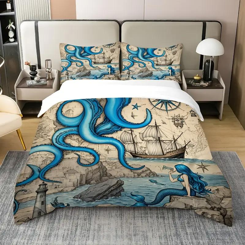 Vintage Octopus Duvet Cover Set, Nautical Sea Life Print Quilt Cover, Soft Comfortable Breathable Bedding Set For Home Decor