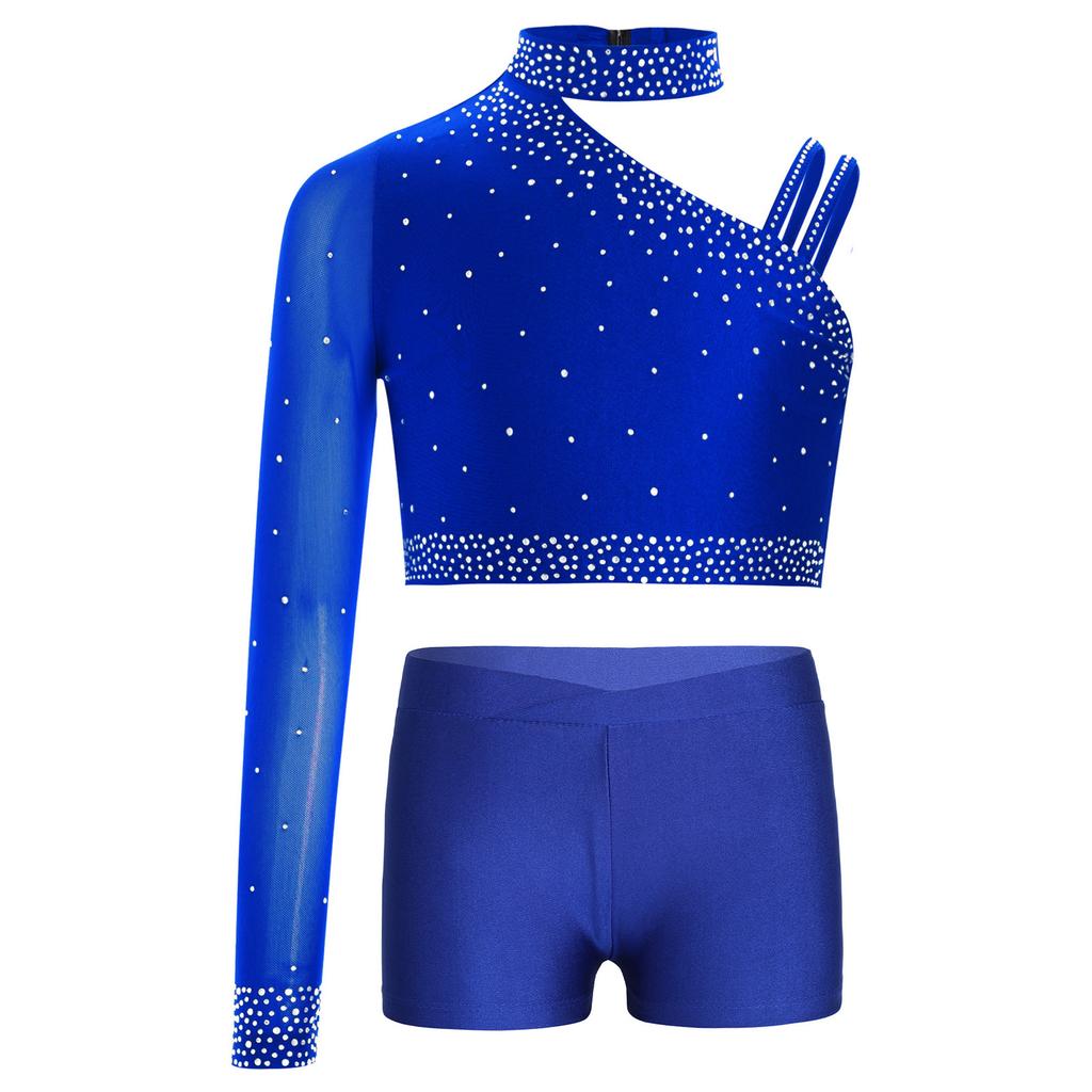 Girls Dance Performance Top Sparkly Rhinestone Irregular Shoulder Crop Top V Front Waistband Shorts