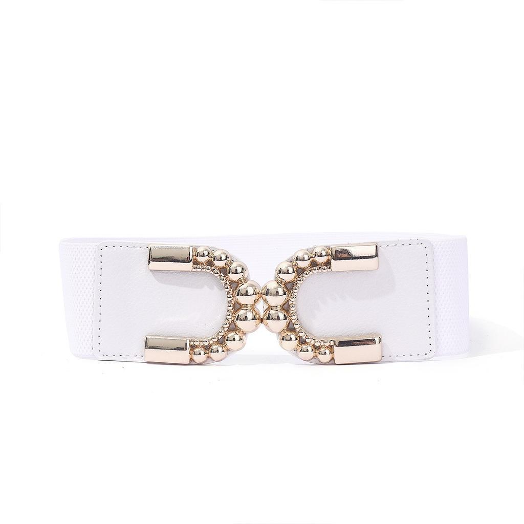 Fashion Retro Double C Pair Buckle Wide Version Waist Seal for Women Elastic Elastic Down Jacket Dress for Women Women Belt