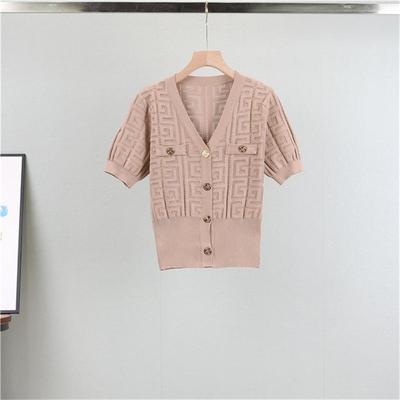 Summer Women's Knitted Short Sleeved Cardigan Sweater Short V Neck Style Waist Cinching Sweater