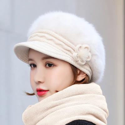 Female Winter Hat Korean Version of The Flower Knitting Cap Warm Beret Wool Cap Fashion Thickening Ear Protection Cap Rabbit Hair Cap