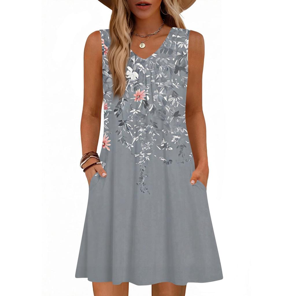 Women's Fashion Printed Summer Sleeveless V-neck Tank Top Pocket Casual Loose Dress