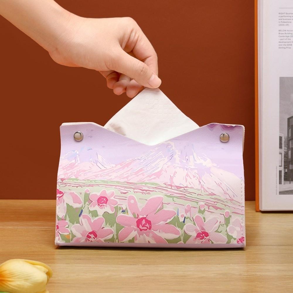 Vintage PU Leather Tissue Box Holder Oil Painting Durable Napkin Container Decorative Car Tissue Box Bathroom