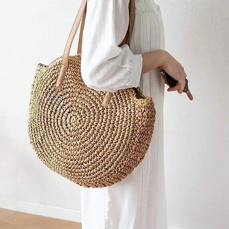 Women Boho Woven Handbag Summer Beach Tote Straw Bag Round Rattan Shoulder Bag