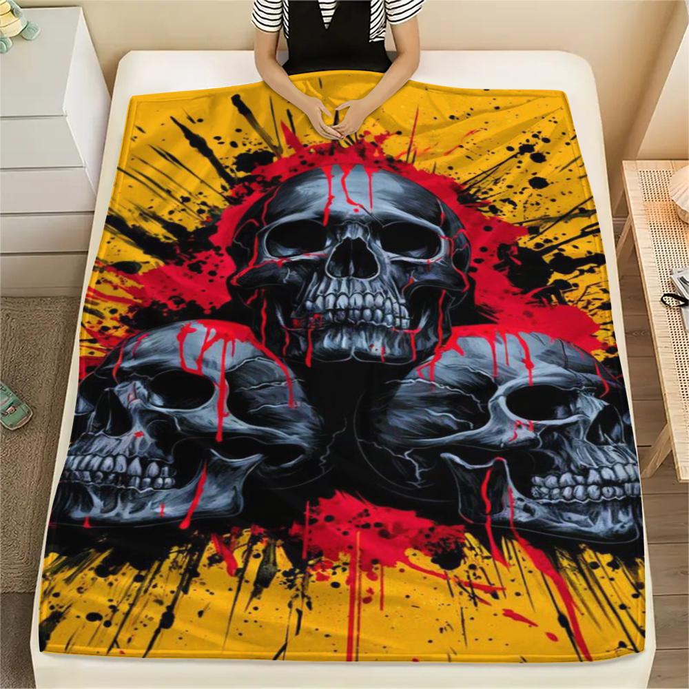 1Pc Skull Head Print Flannel Blanket, High Quality Comfortable for All Seasons, Home Decor, Warmth and Comfort, Perfect for Gifts