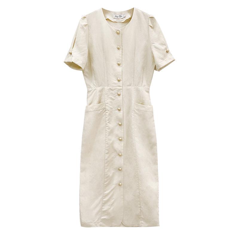 

2025 Корейское летнее ретро платье из хлопка и льна с пуговицами и сборкой на талии - Приталенное, Художественное, Нежное, Длинное платье для женщин Extra Small грязно-белый