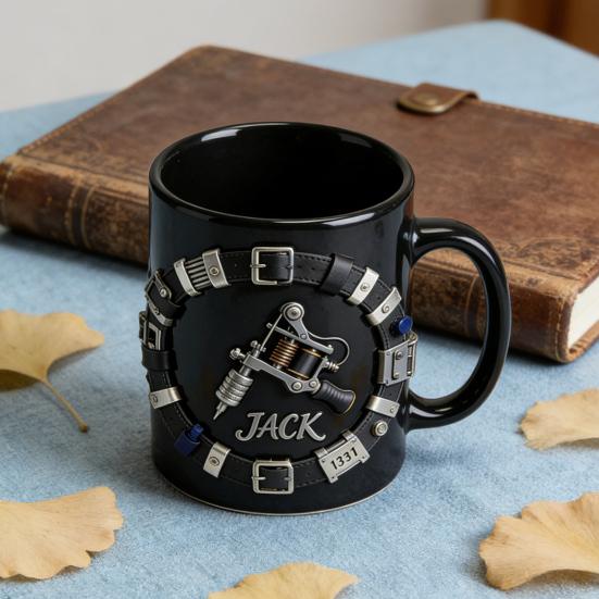 Personalized Tattoo Artist Mug 3D Tool Belt Coffee Cup with Tattoo Machines Details Industrial Steampunk Style Drinking Cup Gift for Artists
