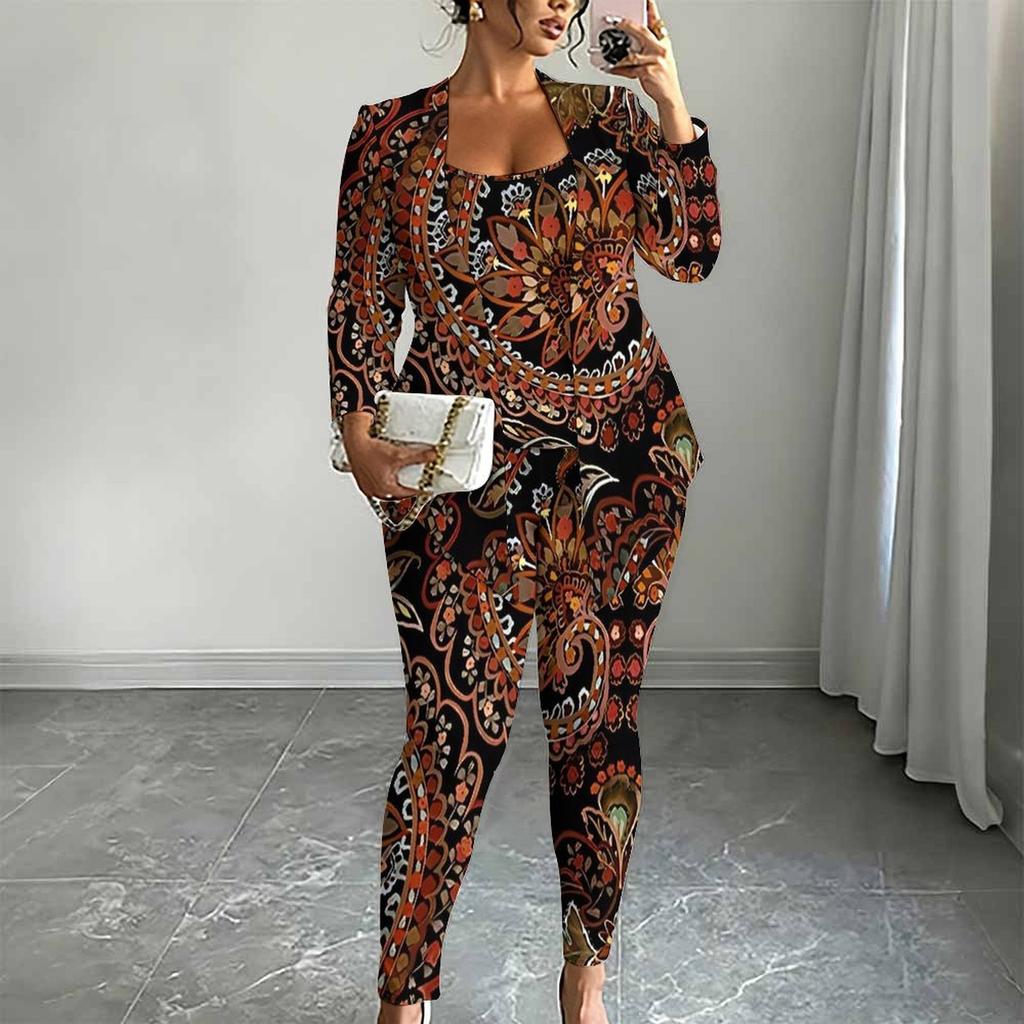 Plus Size Distressed Print 3 Piece Outfit, Long Sleeve Open Front Cardigan Cami Top Leggings Set for Women