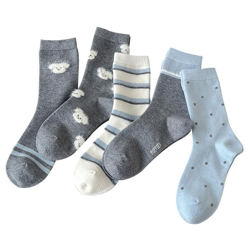 Socks, Autumn and Winter Socks, Boneless Socks, Women's Warm Wool Socks, Cute Polka Dot Striped Puppy Mid-calf Socks, Versatile Women's Socks