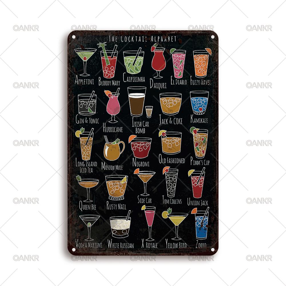 Vintage Art Cocktail Poster Metal Tin Sign Cocktail Drink Names Metal Signs for Home Pub Bar Wall Decor Plaque 20x30cm(7.8x11.8inch)
