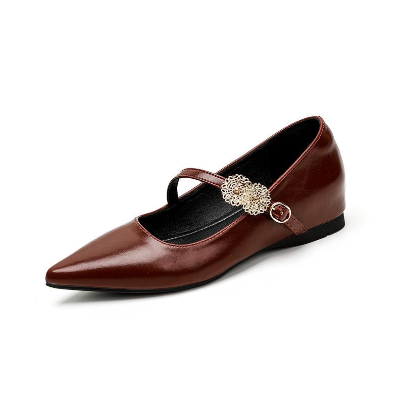French Commuter Spring Pointed Temperament Metal Buckle One-word Belt Inner Heightening Ladyshoes Evening Breeze Gentle Shoes Fairy Single Shoes
