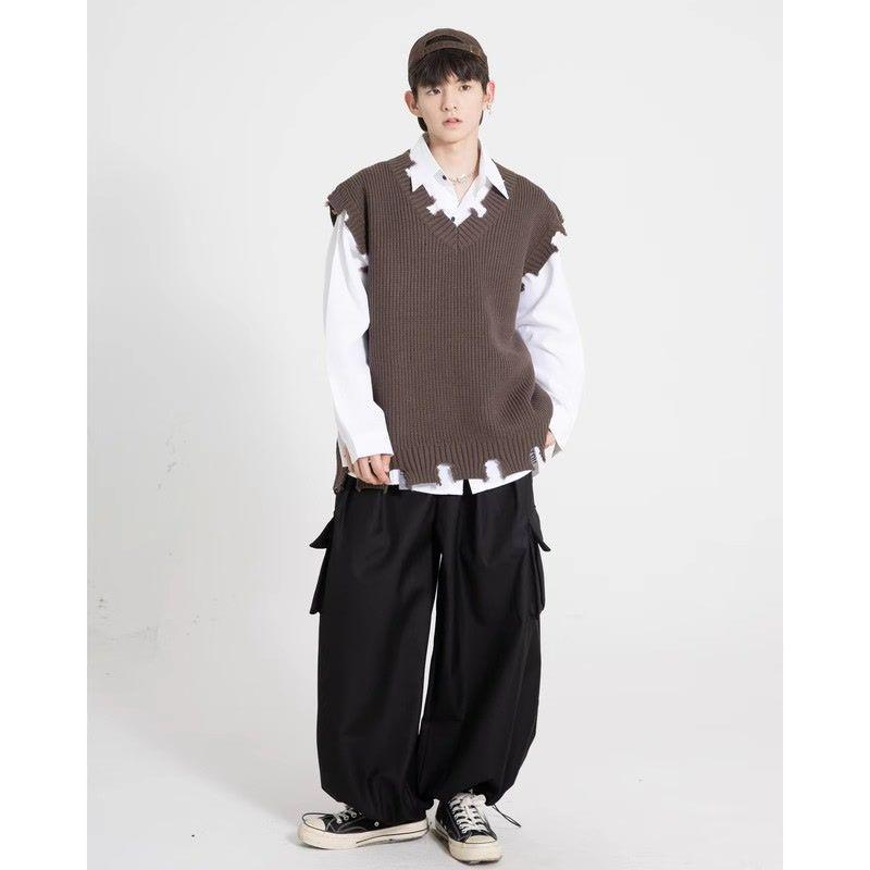 Herren Japanischer Retro Used-Look Strick V-Ausschnitt Ärmellose Weste - Trendige Frühjahrs-/Herbst-Oberbekleidung