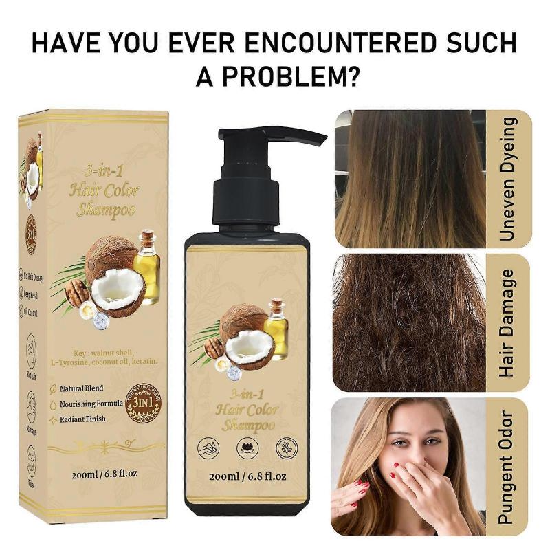 3 In 1 Hair Color Shampoo, Hair Dye Shampoo for Men & Women Grey Hair Coverage - Herbal Nourishing Hair Shampoo with Coconut Oil & Keratin for Dry Dam