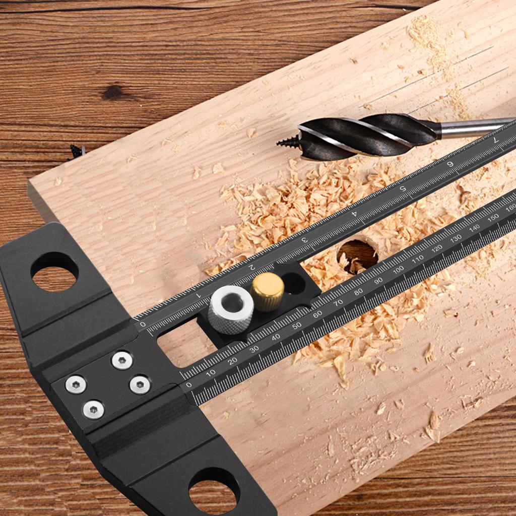 2 In 1 Drilling Positioning Scoring Ruler - Aluminum Alloy Scriber Marking Gauge with 6/8/10mm Drill Sleeves and Activity Block