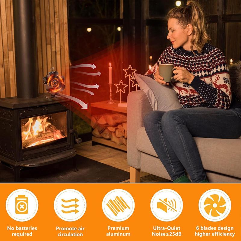 6-Blade Heat Self-Powered Stove Fireplace Fan For Wood Log Burner Fireplace Quiet Environmental Fan Efficient Heat Distribution