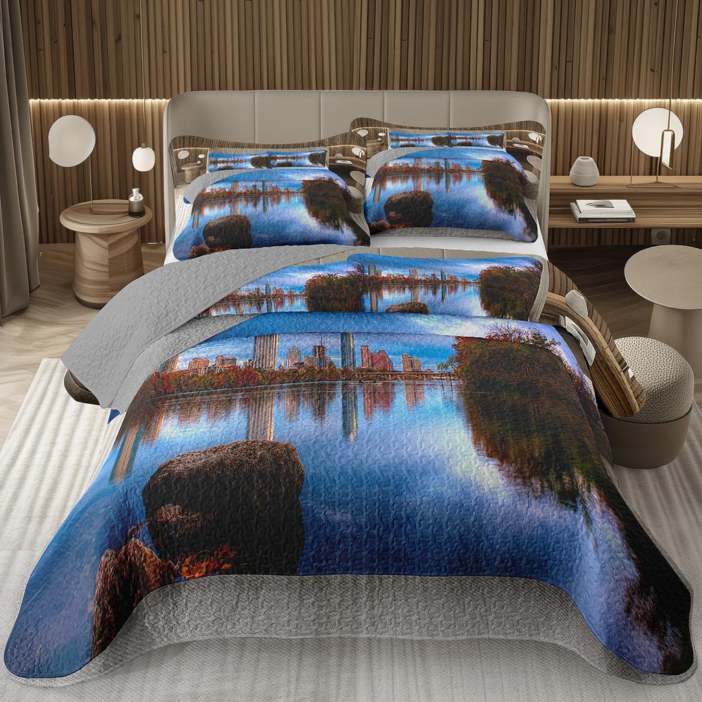 City Landscape Quilted Bedspread Set Cityscape Artwork Queen Bedding Set Colorful River Business District Coverlet For Girls Man