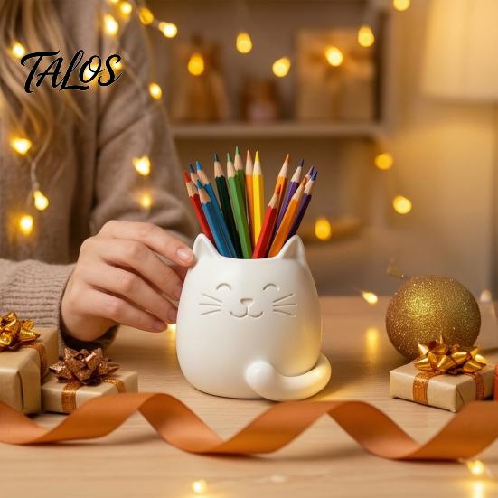 Eco-friendly Pen Container Holder, Cartoon Cat Shape Desk Organizer, Smooth Surface Decorative Holder Stationery for Pencils Gel Pens Makeup