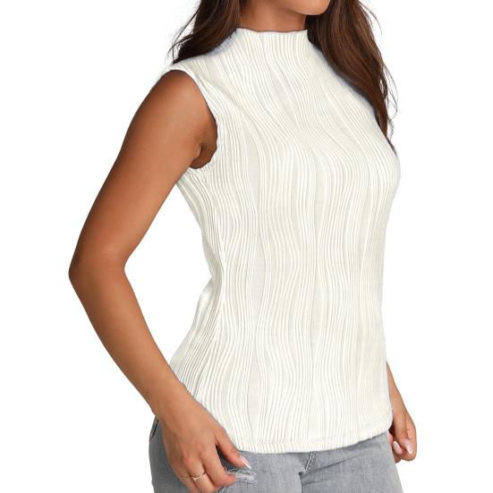 Women Summer Vest Solid Color Half Turtle Neck Sleeveless Tank Top Striped Jacquard Texture