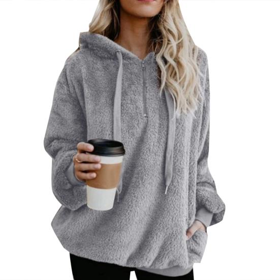 Plus Size Solid Color 1/4 Zip Up Fluffy Hoodies Women Hooded Sweatshirt