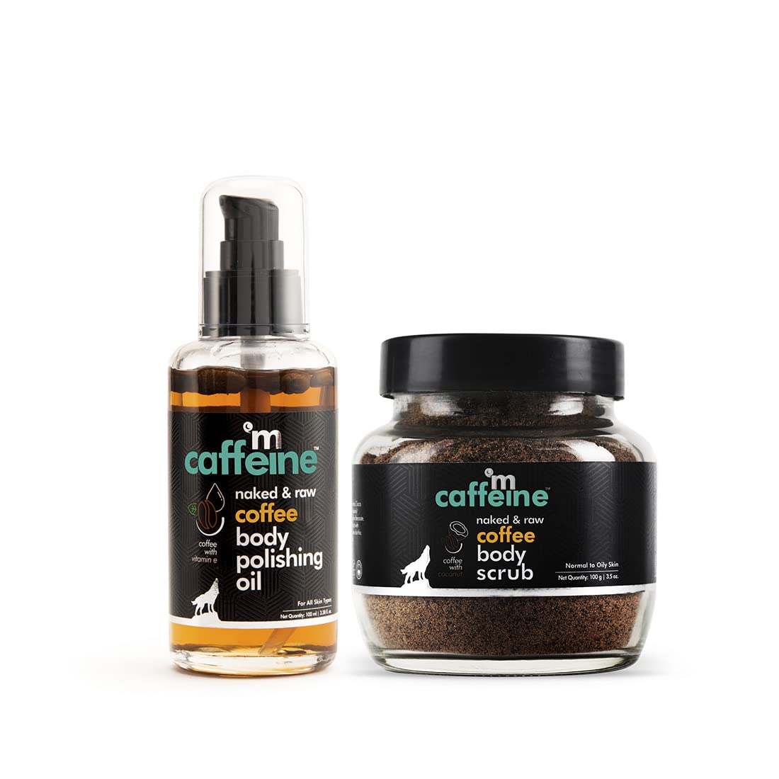 

mCaffeine Coffee Body Scrub 100 g And Body Massage Oil 100 ml Combo Exfoliating Skin Polish Set For Smooth Glowing Skin