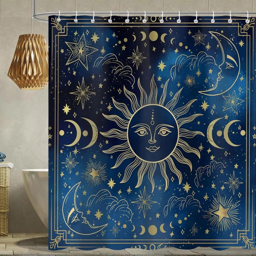 Monika Chen Blue/Gold Celestial Sun Moon Printed Shower Curtain Boho Mystic Zodiac Galaxy For Bathroom Decor