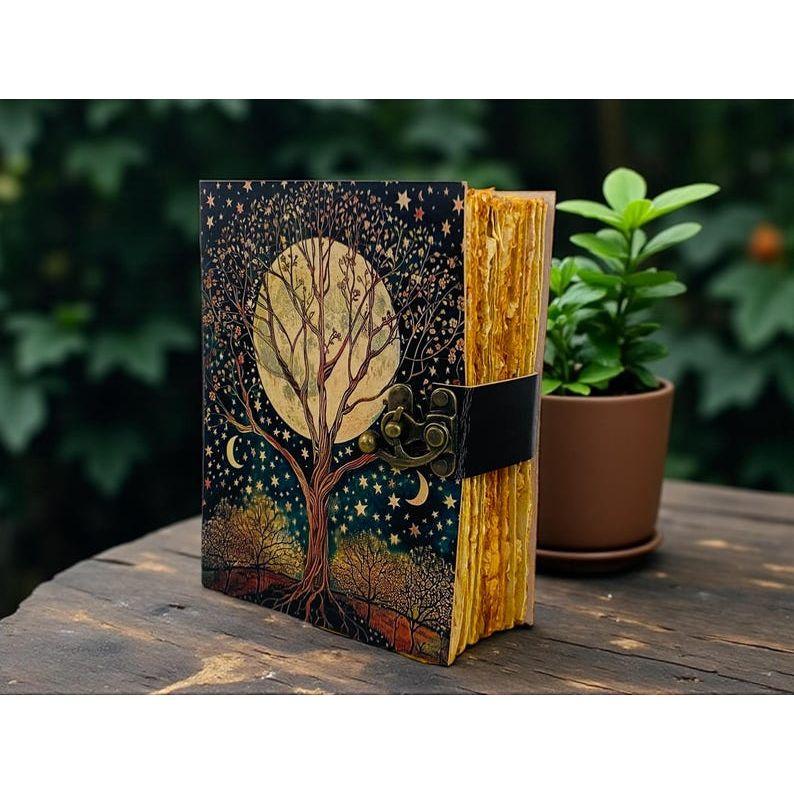 Tree of Life Leather Journal – Fairy Moon and Stars Grimoire Notebook –  Spell Book – Pagan Diary