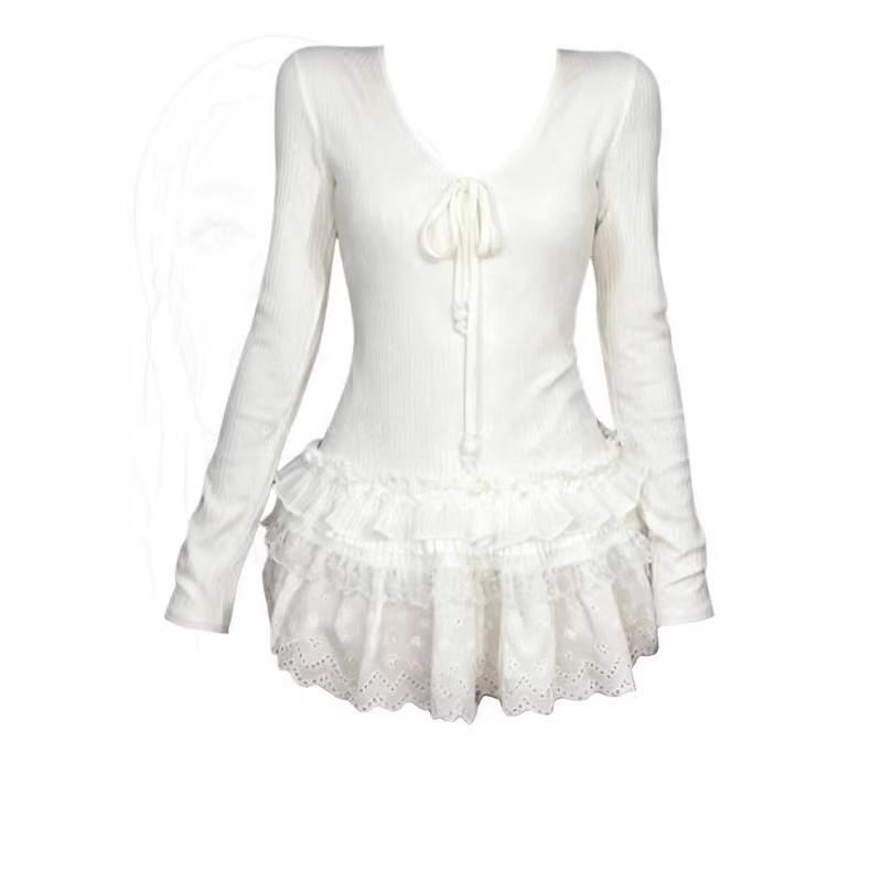 Chic Plus Size White Lace Bow V-Neck Long Sleeve Top for Women - Autumn/Winter Wear S белый