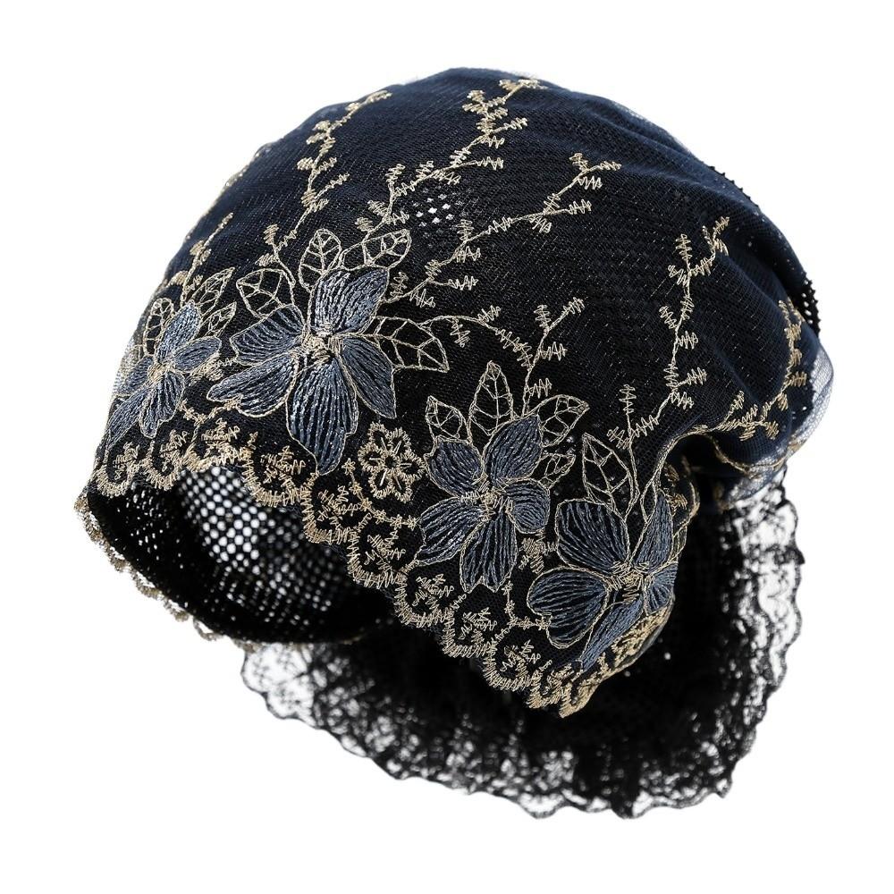 Soft Elastic Curly Hair Hat Embroidered Flowers Elderly Beauty Cap  All-match