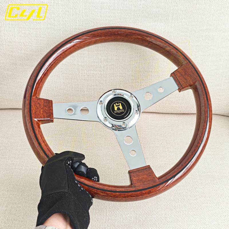 JDM 340mm Classic Wood Style Steering Wheel Chrome Spoke Vintage Sports Steering Wheel