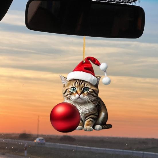 10Pcs Car Rearview Mirror Pendant 2D Acrylic Cat Charm Christmas Tree Ornament Car Interior Accessory