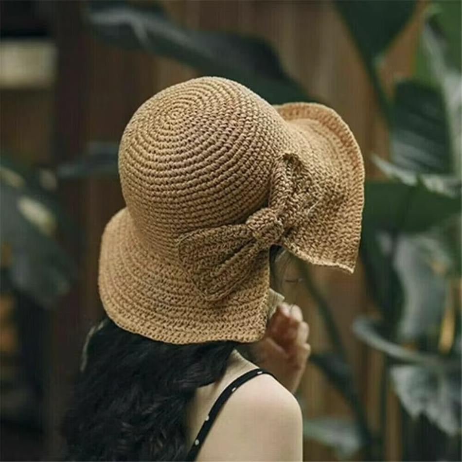 1 Pcs New Sun Sunshade Hat for Women Folding Bow Japanese Artistic Resort Beach Straw Weaving Hat
