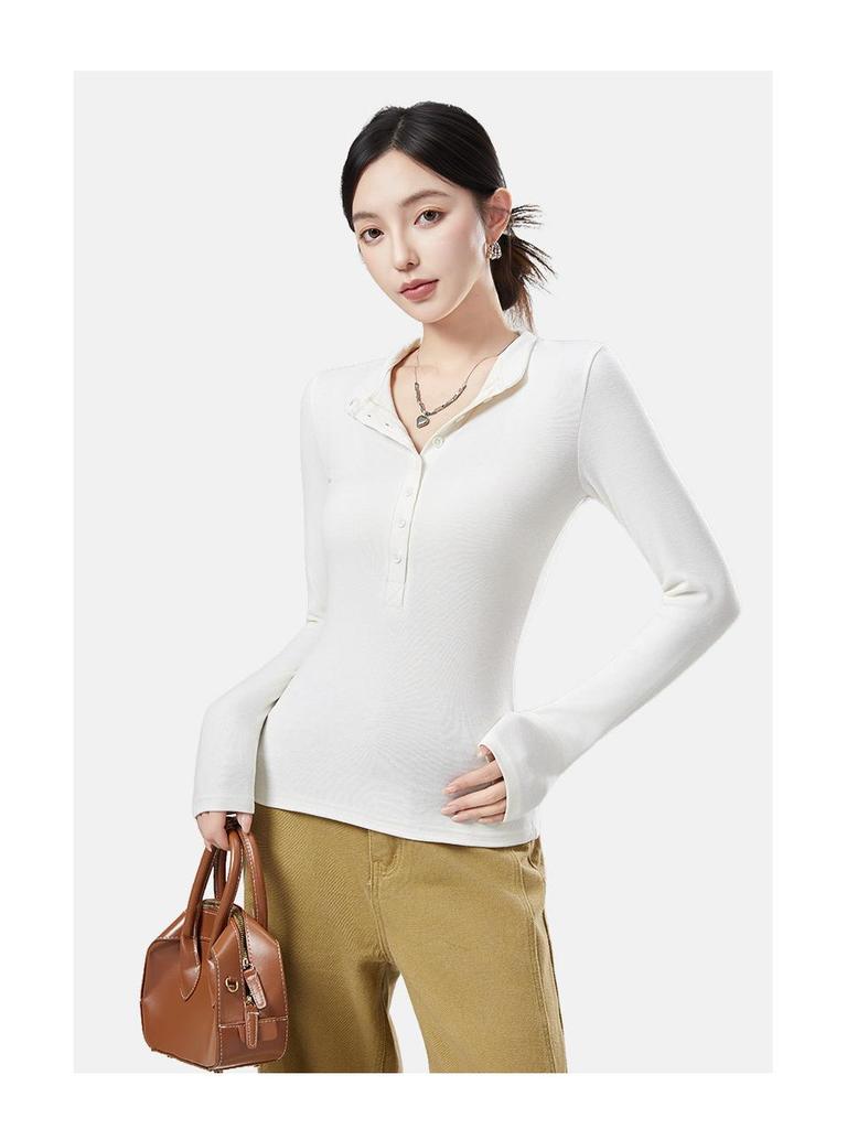 Autumn & Winter Women's Antibacterial Slimming V-neck Stand Collar Long Sleeve Thermal Top