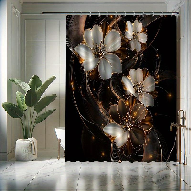Golden-Embossed Four-Petal Flower Shower Curtain Set - White-Gold Flowers On Dark Background, Modern Bathroom Decor