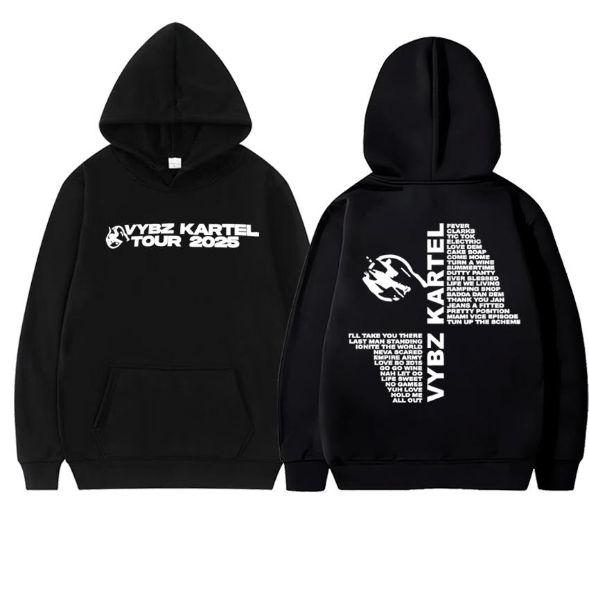 Hot Rapper Vybz Kartel World Tour 2025 Double Sided Print Streetwear Hoodie Unisex Hip Hop Punk Pullovers Men Women Fleece Tops