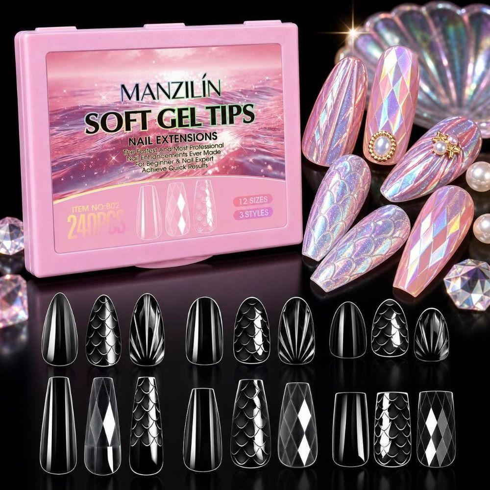 240pcs 12 Sizes Press on Nails Shell/Almond Shape Gel Nail Tips Woman DIY Nail Art
