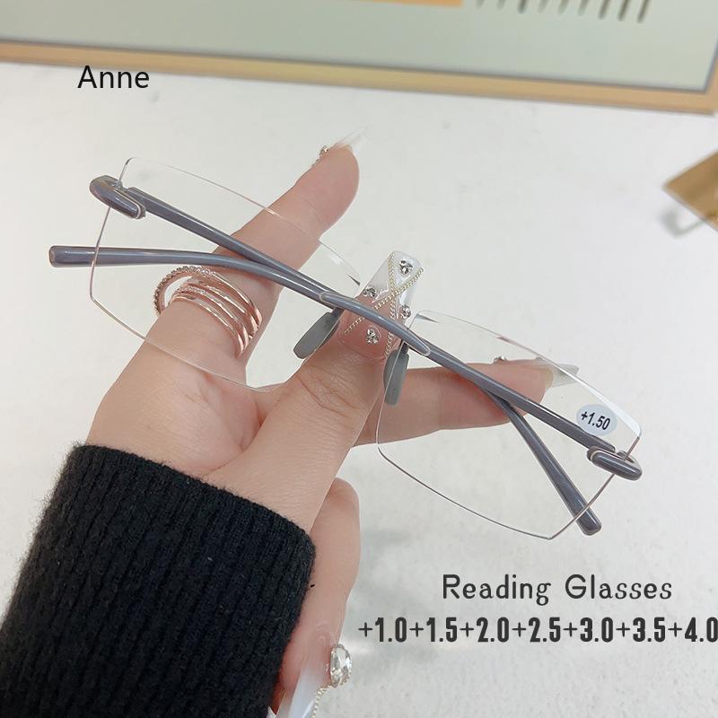 Men's Anti Blue Light Blocking Reading Glasses Cut Frameless Metal HD Lens Eyewear Women Prescription Presbyopic Glasses +400