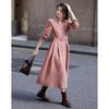 Demana Elegant Peach Velvet V-Neck Lace Puff Sleeve Dress