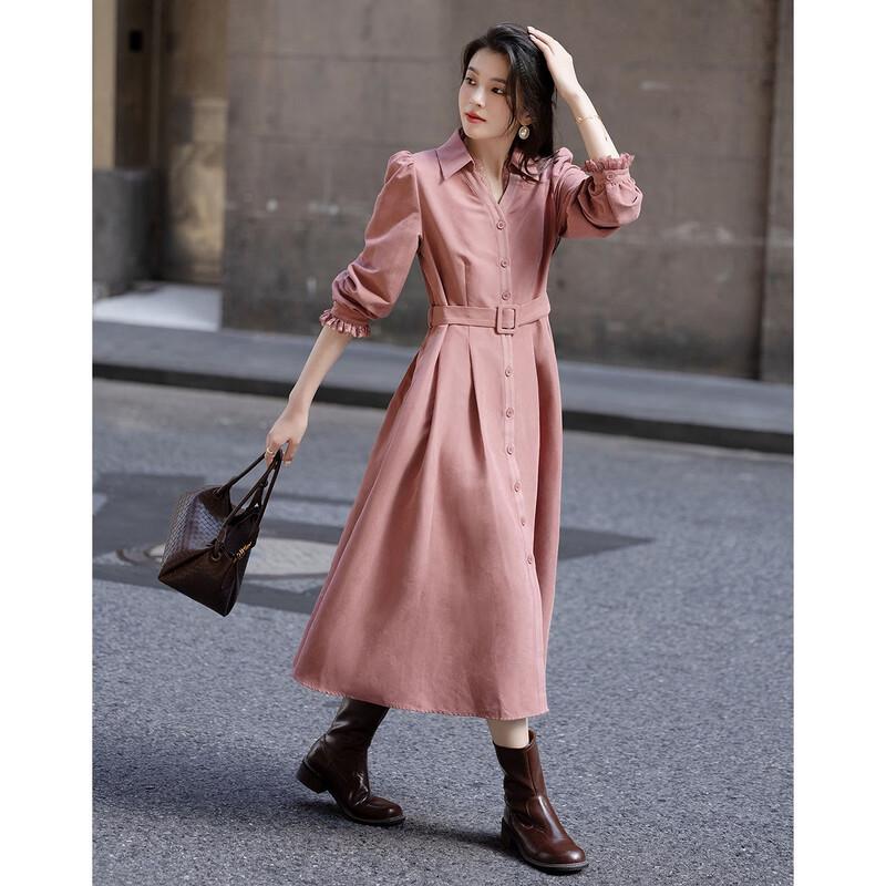 Demana Elegant Peach Velvet V-Neck Lace Puff Sleeve Dress