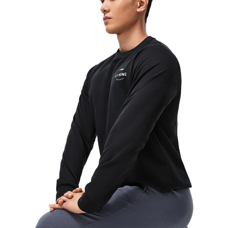 Li-Ning Fitness Series Solid Color Round Neck Logo Print Casual Long Sleeve T-Shirt Men Tops Black AWDT515-1