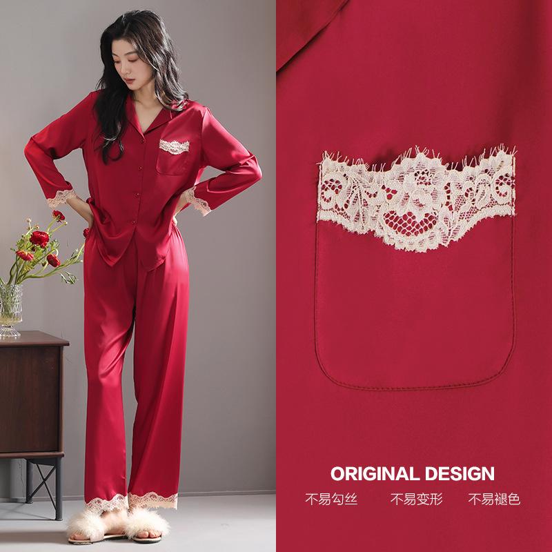

Wedding red pajamas female newlyweds spring and autumn ice silk long-sleeved natal men s loungewear suit new M