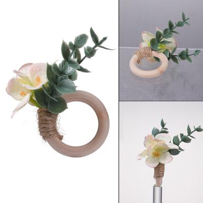 6Pcs Boho Napkin Rings Fabric Flower Faux Eucalyptus Leaf Napkin Holders Rustic Wooden Napkin Rings for Wedding Bridal Shower Dining Table Decor