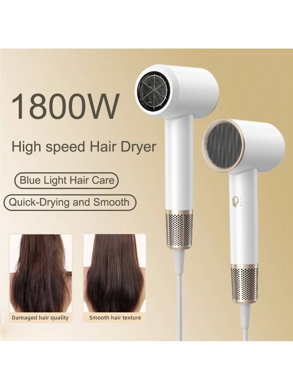 Hair Dryer, Suitable for Straight and Curly Hair, Portable Design,1800W High Power forFast Drying, 4D Blue Light Hair Protection