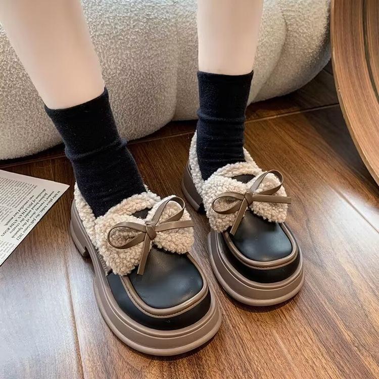 JK school girl velvet small leather shoes winter new non-slip Doudou shoes retro bow loafer cotton shoes