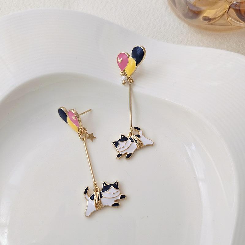 Cute Enamel Cat Balloon Stud Earrings for Women Korean Trendy Lovely Rabbit Flower Asymmetrical Tassel Earring Party Jewelry