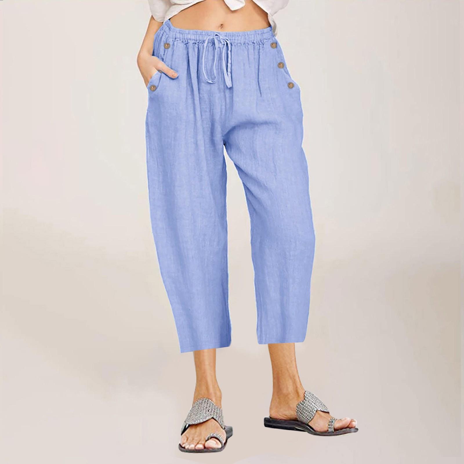 

Женские капри, летние хлопковые и льняные широкие повседневные капри с высокой талией и карманами на шнуровке, брюки в стиле бохо для женщин L синий