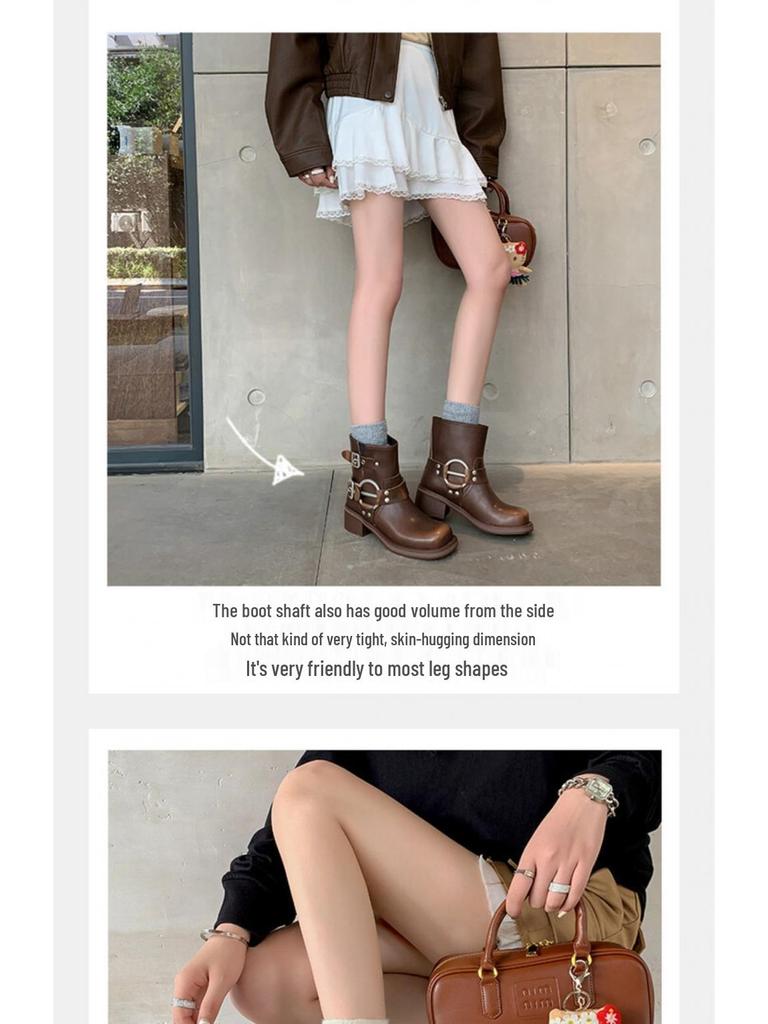 Women's Chunky Heel Belt Buckle Martin Boots - Brown Western Cowboy Ankle Boots, 2025 Punk Rider Vintage Style