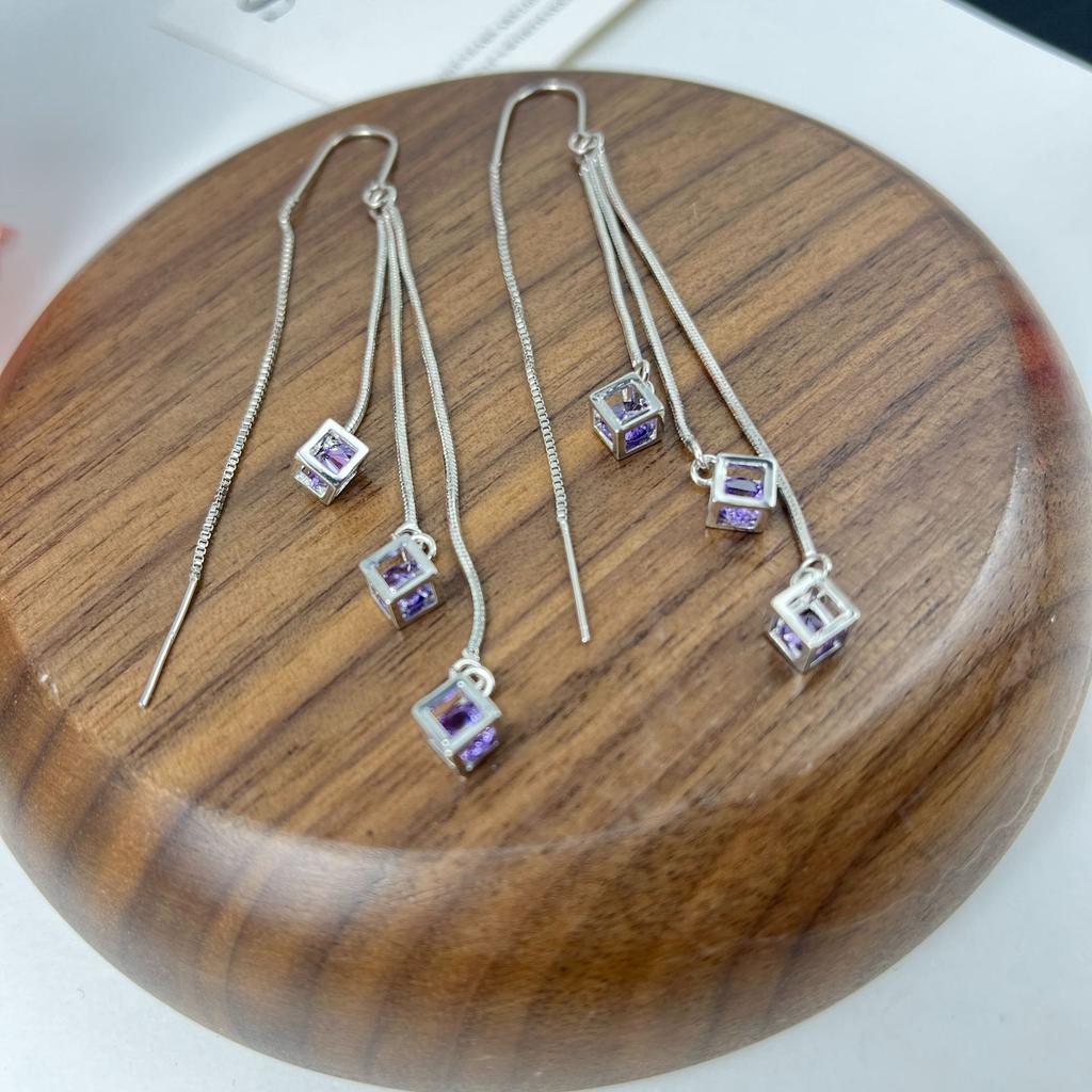 Long temperament square cube pendant earline fringed earrings women's simple earline fashion stud earrings