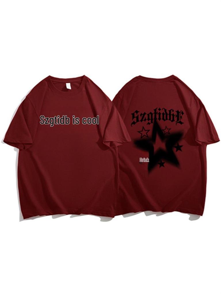 Vínově červené dámské tričko s krátkým rukávem ve větší velikosti - Volné, Trendy americký design